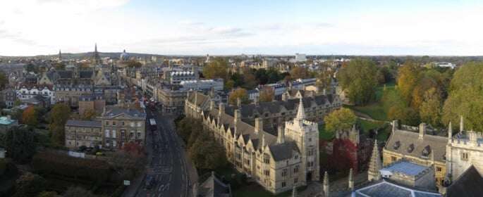 Image shows Oxford from the top of Magdalen College. 