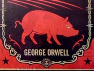 Image shows a detail from the Canadian cover of Animal Farm.