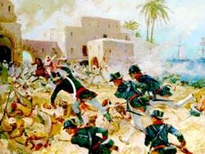 Image shows a painting by Charles Waterhouse of the Attack on Derna in the First Barbary War.
