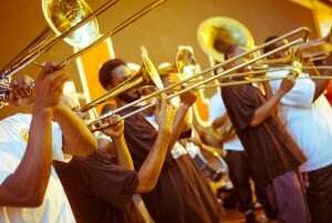 Image shows a brass band playing in New Orleans.