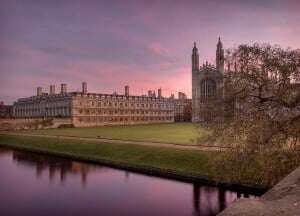 Image shows King's College, Cambridge, at sunset.