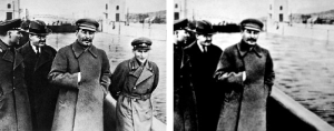 Image shows two photos of from the USSR, one intact and one with a young man edited out.