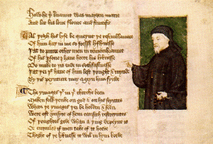 Image shows a portrait of Chaucer from a contemporary manuscript.