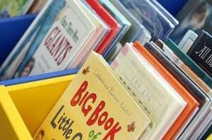 Image shows a rack of children's books.