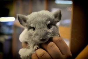 Image shows someone holding a chinchilla.