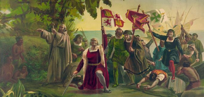 Image shows Columbus landing in the New World.