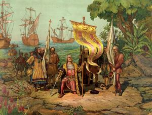 Image shows Columbus arriving in the New World. 