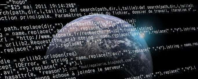 Image shows a globe overlaid with code.