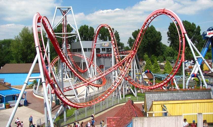 Image shows a rollercoaster at Drayton Manor. 