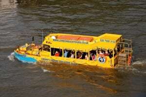 Image shows the Duck Splash tour bus in its aquatic form as a boat on the Thames.
