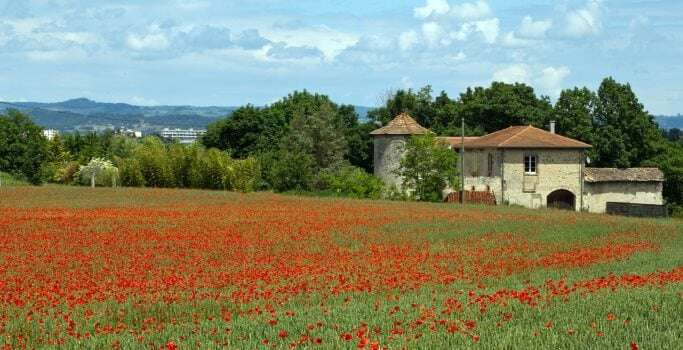 Image shows a French farmhouse in a field of poppies.