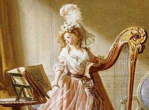 Image shows a painting by Michel Garnier entitled 'The Music Lesson', showing a young woman in a flamboyant pink dress standing next to a harp.