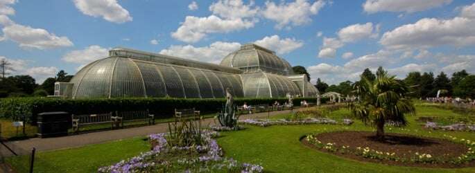 Image shows the Palm House at Kew Gardens.