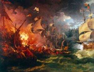Image shows a painting of the defeat of the Spanish Armada. 