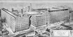 image shows a drawing of large factory buildings in Manchester