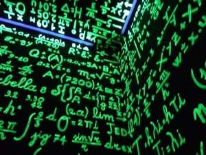 Image shows a black background covered with green mathematical formulae.