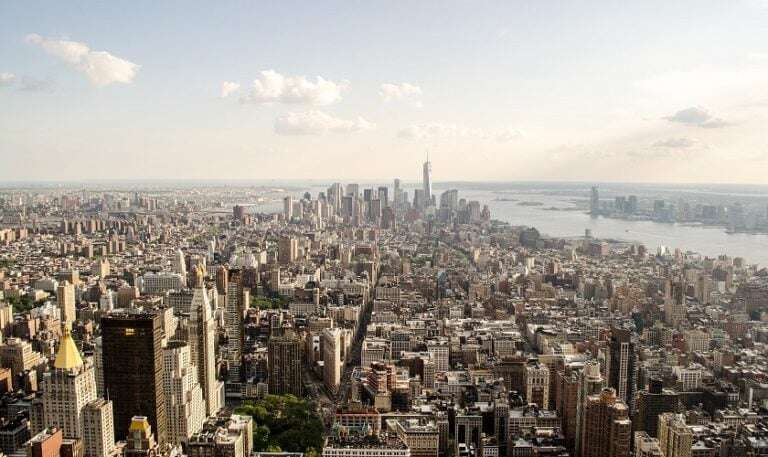 Image shows an aerial view of New York City.