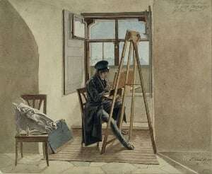 Image shows a painter at an easel.
