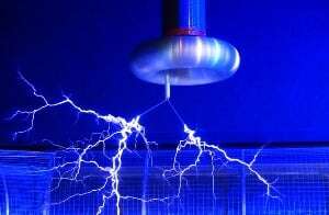 Image shows sparks coming from a Tesla coil. 