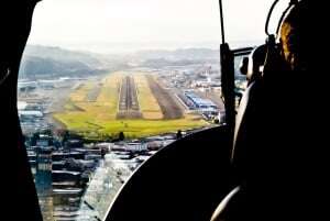 Image shows the view from the cockpit of a plane.