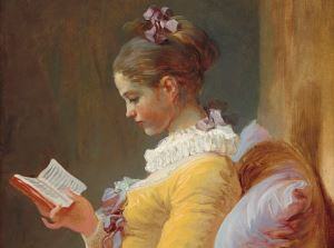 Image is a painting of a young woman reading, by Jean-Honoré Fragonard.