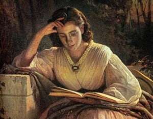 Image shows a painting of a woman reading a book.