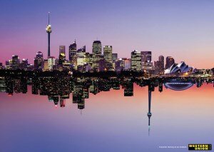 Image shows a Western Union advert, featuring two cities, one on top of the other, to show how quick money transfer is.
