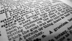 Image shows a dictionary open to the word 'scapegoat'.