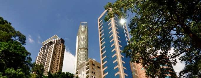 Image shows skyscrapers partly obscured behind trees.