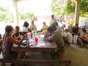 Image shows a group of students engaged in a study session, seated around picnic tables.
