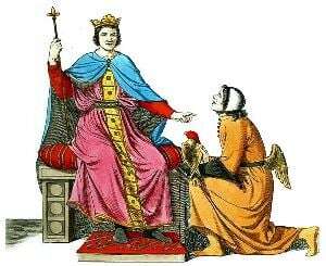 Image shows a supplicant addressing a medieval king.