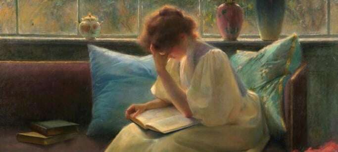 Image shows a painting of a young woman looking thoughtful as she reads a book. 