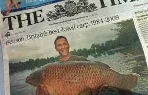 Image shows a newspaper with a headline about the death of 'Britain's best-loved carp'.