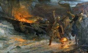 Image shows a painting of a Viking funeral. 