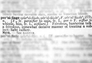 Image shows a highlighted entry in a dictionary, for 'persiflage', meaning frivolous conversation.