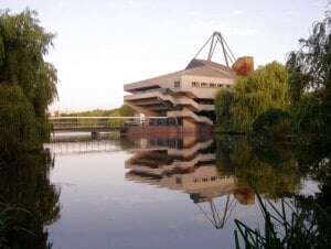 Image shows York University, seen from over the lake.