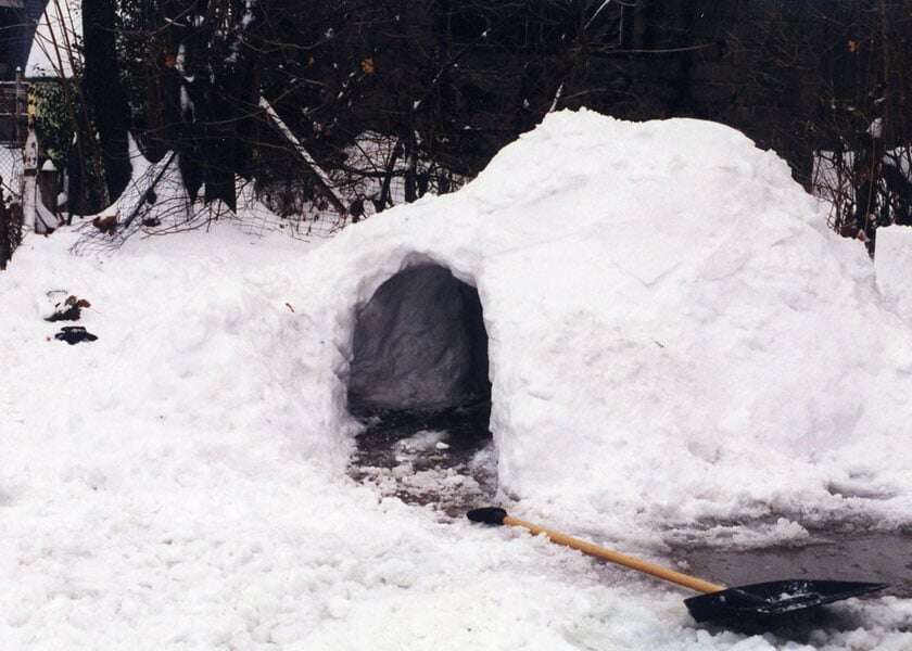An igloo and a snow shovel. 