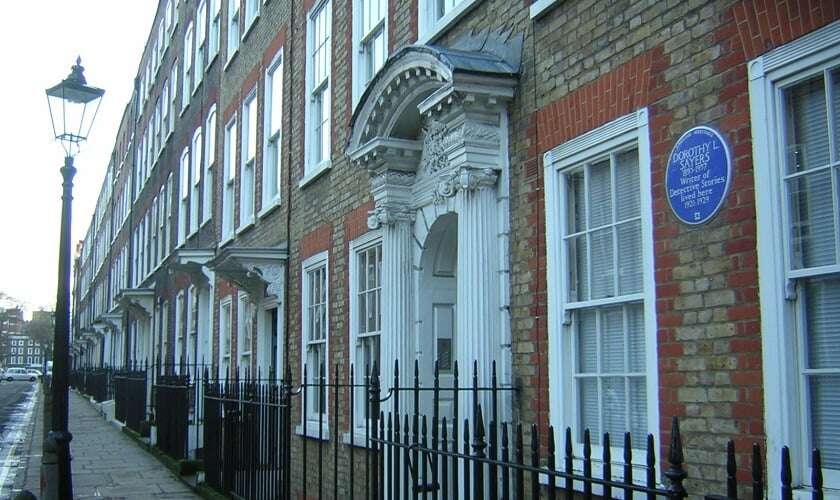 Image shows Great James Street in Bloomsbury, including a blue plaque for Dorothy Sayers. 